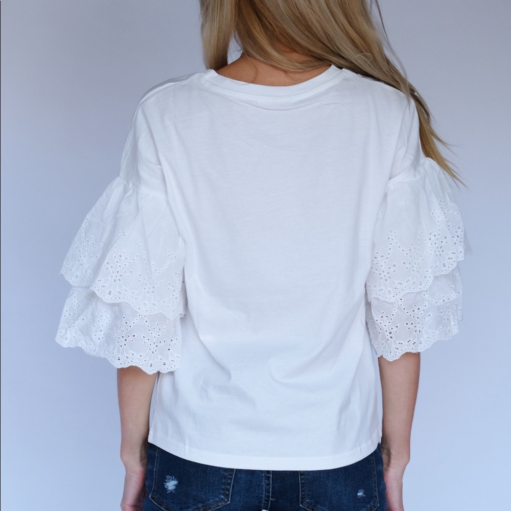 🌟 New Tee Shirt Beautiful Eyelet Ruffle Sleeves - Picture 6 of 8